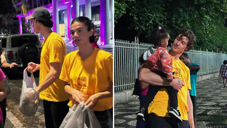 Bruna e o namorado Shawn Mendes distribuem quentinhas em ação social no Rio de Janeiro. 