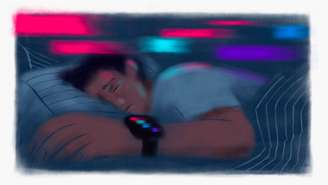 Ilustração de um homem dormindo, com uma expressão preocupada no rosto, usando um smartwatch com quatro faixas coloridas na tela; as cores parecem estar refletindo na parede e no rosto e corpo do homem enquanto ele tenta dormir.