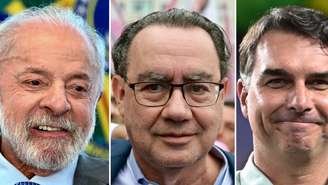 Montagem com fotos de arquivo, feita em 7 de setembro de 2026, mostra o presidente Luiz Inácio Lula da Silva (à esq.), o médico Augusto Cury (centro), candidato do Avante à Presidência da República, e o senador Flávio Bolsonaro, candidato da extrema direita ao Palácio do Planalto.
