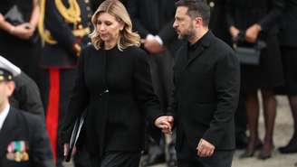 Presidente da Ucrânia, Volodymyr Zelensky, e a primeira-dama, Olena Zelenska, durante o funeral do Rei Harald V, em Oslo, em 8 de setembro de 2026.