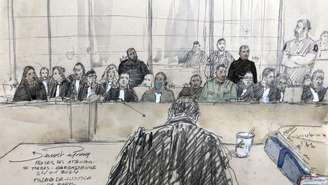 Desenho feito na abertura do julgamento dos ataques em Trèbes e Carcassonne, no Palácio da Justiça, em Paris, em 22 de janeiro de 2023.