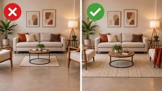 A posição do tapete pode mudar a percepção de tamanho da sala. Veja como alinhar com sofá e móveis para equilibrar as proporções do ambiente.