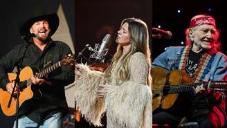 Da esquerda para a direita: Garth Brooks, Kelly Clarkson e Willie Nelson são os destaques do Stagecoach 2027 (Fotos: Erika Goldring/Getty Images for Strait To The Heart, Denise Truscello/Getty Images for Live Nation Las Vegas e Gary Miller/Getty Images)