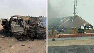 Imagem composta mostrando um carro destruído à esquerda e uma estrutura em forma de tenda rasgada à direita
