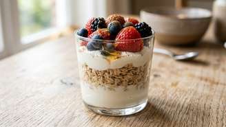 O parfait matinal combina aveia cozida, iogurte proteico e frutas vermelhas frescas sem açúcar refinado.