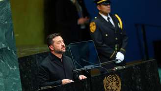 O presidente da Ucrânia, Volodymyr Zelensky, discursa na 81ª Assembleia Geral das Nações Unidas (AGNU), na sede da ONU, em Nova York, nos Estados Unidos, em 23 de setembro de 2026.