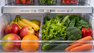 O controle deslizante da gaveta de legumes pode reduzir o desperdício de alimentos. Veja como ajustar a umidade para frutas e hortaliças.