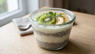A combinação cremosa de iogurte com sementes de chia absorve a umidade durante o descanso na geladeira.