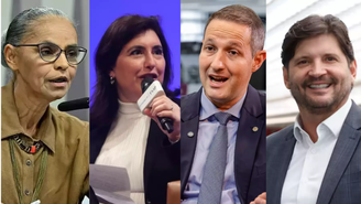 Candidatos ao Senado por São Paulo: Marina Silva (Rede), Simone Tebet (PSB), Guilherme Derrite (PP) e André do Prado (PL)