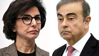A combinação de fotos de arquivo, feita em 22 de julho de 2025, mostra a então ministra francesa da Cultura, Rachida Dati (à esq.), em Paris, em 18 de março de 2025, e o ex-presidente da Nissan, Carlos Ghosn, durante uma entrevista coletiva sobre os motivos que o levaram a fugir do julgamento no Japão, onde é acusado de irregularidades financeiras, no Sindicato da Imprensa do Líbano, em Beirute, em 8 de janeiro de 2020.