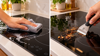 Quer limpar cooktop de indução sem deixar riscos? Veja como remover sujeira grudada com raspador e escolher produtos compatíveis com o vidro.