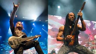 Felipe Andreoli e Marcelo Barbosa durante show do Angra em 2025