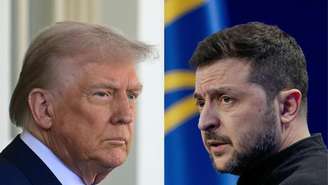 Esta combinação de fotos de arquivo, criada em 25 de fevereiro de 2025, mostra o presidente dos EUA, Donald Trump (à esquerda), em 24 de fevereiro de 2025, e o presidente da Ucrânia, Volodymyr Zelensky (à direita), em 23 de fevereiro de 2025.