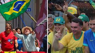 Lula (PT) e Flávio Bolsonaro (PL) em atos de campanha. Os dois são candidatos à Presidência no segundo turno das eleições