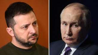 Retratos do presidente da Ucrânia, Volodymyr Zelensky (esq.), e da Rússia, Vladimir Putin