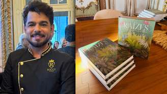 O chef brasileiro Márcio Ricci durante o lançamento de seu livro Raízes, na histórica Sala do Trono do Palácio Nacional de Queluz, em Portugal. A obra celebra seus 25 anos de carreira e os laços gastronômicos entre Brasil e Portugal.