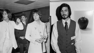 John Lennon e Paul McCartney, dos Beatles (esq.) e Steve Jobs, da Apple (dir.), com maçãs (Fotos: George Stroud/Daily Express/Hulton Archive/Getty Images e Tom Munnecke/Getty Images)