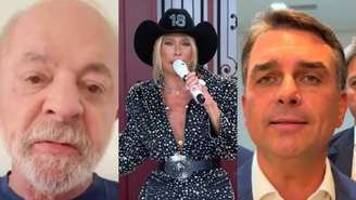 Lula, Adriane Galisteu e Flávio Bolsonaro (Reprodução/Record/Instagram)