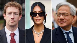 Mark Zuckerberg, chefe da Meta, Kim Kardashian, cofundadora da Skims e estrela de reality show, e Jensen Huang, CEO da Nvidia, em fotos lado a lado.