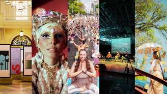 Mosaico com atividades da Virada Sustentável 2025: exposição, artista caracterizada, aula de yoga ao ar livre, debate no palco e performance com guarda-chuva