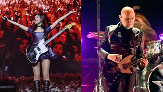 Olivia Rodrigo (esq.) e Billy Corgan, vocalista da banda Smashing Pumpkins (dir.) (Fotos: Kevin Mazur/Getty Images for Live Nation e David Becker/Getty Images for iHeartRadio)