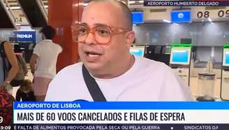 Abdías Melo durante entrevista para emissora portuguesa no aeroporto de Lisboa