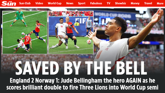 "Jude Bellingham volta a ser herói ao marcar dois gols brilhantes e levar os Três Leões à semifinal da Copa do Mundo".