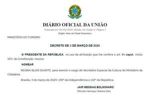 Regina Duarte é nomeada oficialmente secretária Especial da Cultura