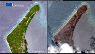 Imagens da rede de satélites Copernicus, da UE, mostram efeitos de erupção em Tonga