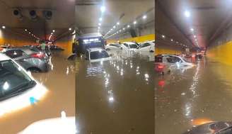 Carros boiaram dentro do túnel do Vale do Anhangabaú, no centro de São Paulo, depois da chuva que atingiu a cidade.
