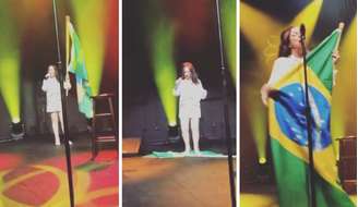 Momento em que a cantora Bebel Gilberto joga bandeira do Brasil no chão e pisa sobre ela durante show.  