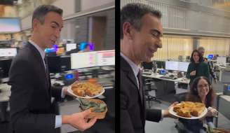 César Tralli serve coxinhas para a equipe do Jornal Hoje