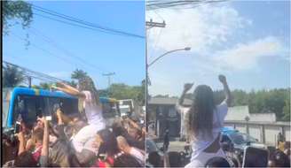 Vivi Noronha, mulher de MC Poze do Rodo, vibra pela soltura do marido, na porta do presídio Bangu 3, no Rio de Janeiro