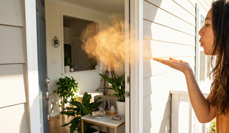 Uma mulher em pé na porta de entrada de uma casa ensolarada sopra uma nuvem dourada de canela em pó de sua mão para dentro do ambiente. O interior da casa é iluminado e organizado, com plantas e um pequeno altar com cristais e um incenso de sálvia visíveis, ilustrando o ritual de atrair prosperidade e limpeza energética