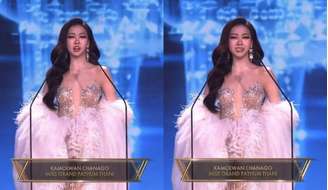 Candidata ajusta dentes após imprevisto durante apresentação no Miss Grand Thailand 2026