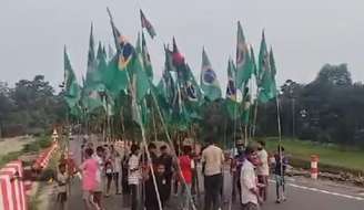 Torcedores carregando bandeiras do Brasil e participando de uma grande celebração nas ruas.