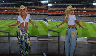 Virginia usa calça personalizada em jogo do Brasil na Copa