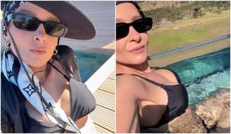 Maiara relaxa na piscina de sua fazenda em dia de folga