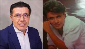 Marcelo Aguiar em foto atual e em capa de disco quando era cantor nos anos 90