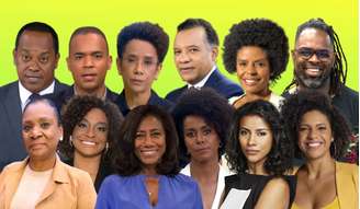 Acima, Luiz Fara Monteiro, Diego Sarza, Zileide Silva, Heraldo Pereira, Cynthia Martins e Manoel Soares; abaixo, Dulcinéia Novais, Joyce Ribeiro, Gloria Maria, Maju Coutinho, Aline Midlej e Luciana Barreto: exceções em uma TV com poucos negros