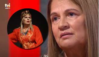 Tássia Camargo em um programa de TV português (à direita) e interpretando a cartomante Celeste no teatro (em destaque)