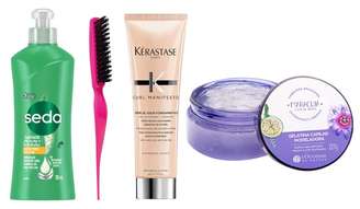 Creme para Pentear Cachos Definidos e Hidratados Seda (R$ 13); Escova Finalizadora Para Penteado Ricca (R$ 23,99); Leave-in Crème De Jour Fondamentale Kérastase (R$ 382); Gelatina Capilar Modeladora Maracujá L’Occitane au Brésil (R$ 74,90)