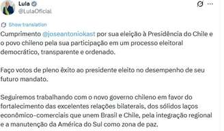Lula parabeniza Kast por vitória no Chile: ‘Seguiremos trabalhando com o novo governo’.