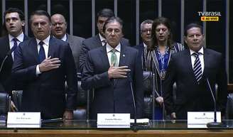 Presidente Jair Bolsonaro, presidente do Senado Eunício Oliveira e vice-presidente Hamilton Mourão