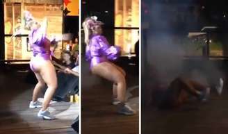 Gaby Amarantos no momento em que sofre queda no palco durante show no Pará.