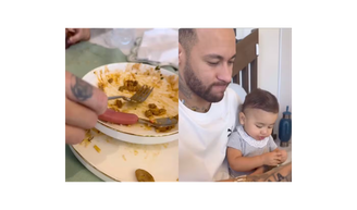 Diversão em família! Bruna Biancardi mostra Neymar dando comida e Mavie toda lambuzada: 'A zona que eles fazem'.