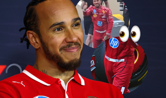 Lewis Hamilton, piloto da Ferrari, surge em vídeo acenando, mas um detalhe rouba a cena: 'Olha o tamanho da peça!'.