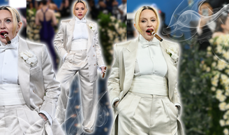 Após 7 anos, Madonna retorna ao tapete do Met Gala 2025 de terninho branco e fumando charuto: ‘Rainha da p*rra toda’.