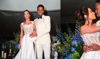 Renda transparente, fenda na perna e mais: os detalhes do vestido de noiva ousado de Tainá Castro no casamento com Éder Militão.