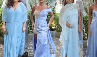 Vestido de madrinha azul: Tati Machado, Gabi Luthai e mais famosas driblam tempo frio com looks elegantes para casamento de Lexa no Rio.
